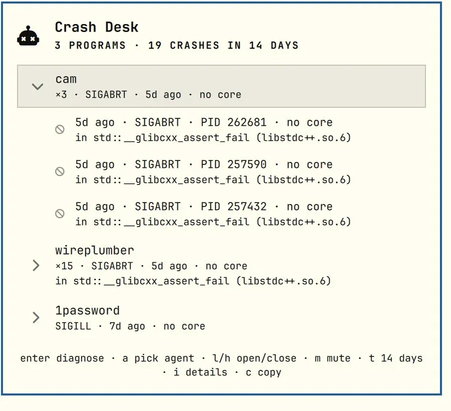 Crash Desk panel listing three programs with 19 crashes in 14 days, each with its signal and time.