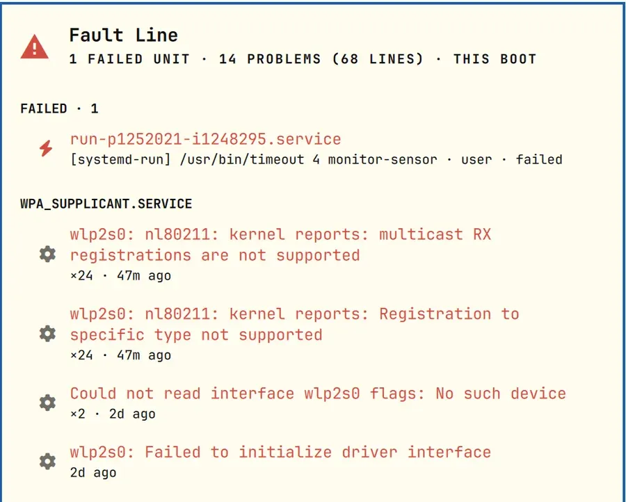 Fault Line panel showing one failed unit and repeated Wi-Fi driver errors since boot.