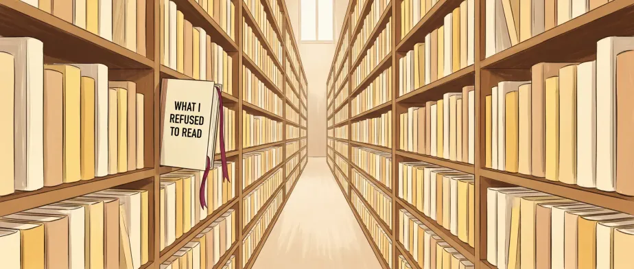 A library corridor with identical book spines on both walls; one slim volume pulled forward from a left-side shelf, marked with a burgundy bookmark and labeled 'What I Refused to Read'.