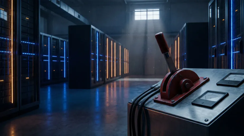A dim AI data-center hall lined with glowing server racks; in the foreground, a heavy red industrial master power switch sits on a steel control panel, poised to be thrown.