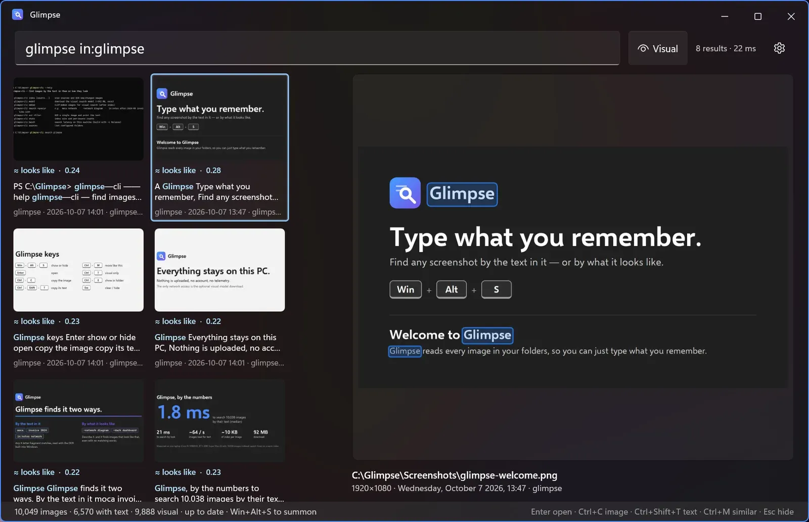 Glimpse window searching for glimpse in:glimpse. Left, a grid of eight matching screenshots, each marked looks like with a score. Right, the selected screenshot, a welcome screen reading Type what you remember, with every occurrence of the word Glimpse outlined. The status bar reads 10,049 images, 6,570 with text, 9,888 visual, up to date, and the search took 22 ms.