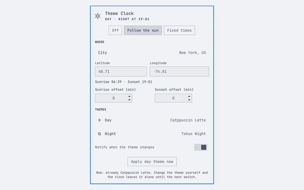 Theme Clock settings: follow the sun in New York, Catppuccin Latte by day and Tokyo Night by night.