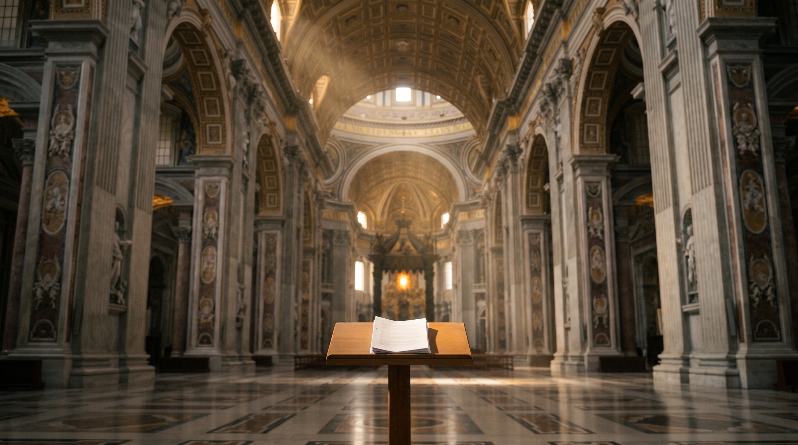 A vast sunlit basilica nave; on a plain lectern in the foreground sits a small, ordinary stack of printed paper, dwarfed by the soaring sacred space around it.